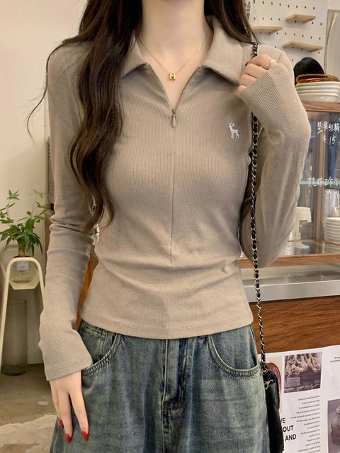 Fashionable Polo Collar Versatile Zipper Embroidered T-Shirt for Women, Spring College Style, Slim Fit, Unique, Beautiful, Age-Reducing Top