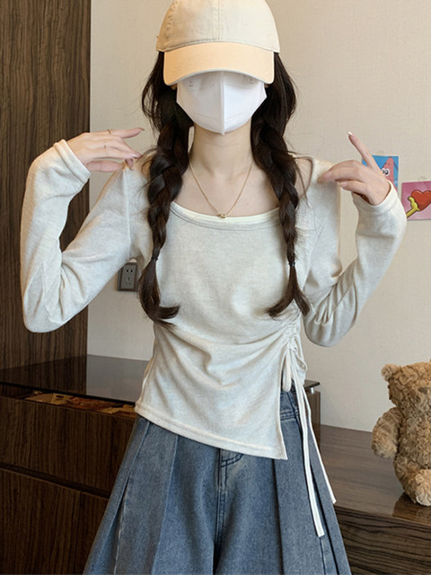 American-Style Sweet and Spicy Drawstring Ruched Long-Sleeve T-Shirt for Women, 2025 Autumn, Color-Blocking, Fake Two-Piece, Irregular Design Top