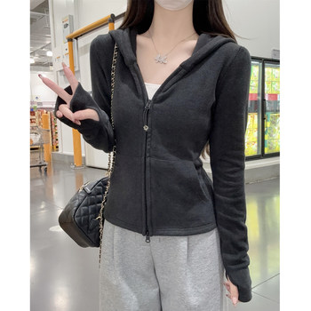 High-End and Elegant Hooded Double-Zip Cardigan for Women, 2026 Spring Korean Style Girly Brushed Long-Sleeve T-Shirt Top