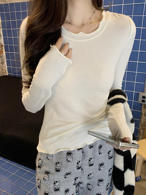 Pure Desire Hot Girl Ruffled Slim Fit Long Sleeve T-Shirt for Women 2024 Autumn/Winter Sweet Age-Reducing Brushed Basic Base Layer Top