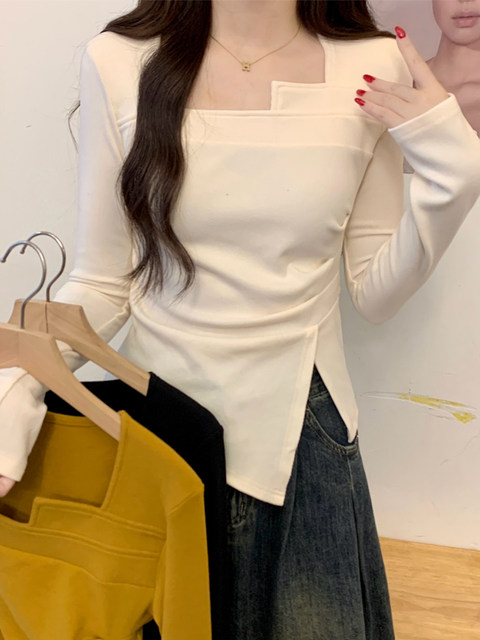 Pure Desire Style Square-Neck Pleated Chic and Beautiful T-Shirt for Women, Spring Cool and Spicy Girl Style with Irregular Slit Design Top Ins
