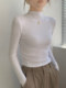 Casual White Half-High Collar Long-Sleeved Inner T-Shirt for Women, Early Autumn New Korean Style Pleated Slim Fit Short Top