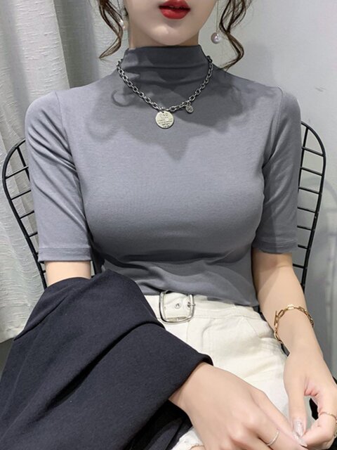 Half-High Collar, Regular Shoulder, Short-Sleeve T-Shirt for Women, European Style, 2023 Spring and Autumn New Korean Version, Slim-Fit Half-Sleeve Base Shirt Top