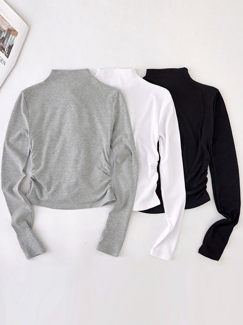 Casual White Half-High Collar Long-Sleeved Inner T-Shirt for Women, Early Autumn New Korean Style Pleated Slim Fit Short Top