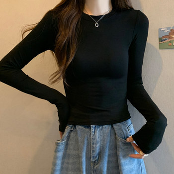 Korean Style Round Neck Long-Sleeved Inner T-Shirt for Women, New Spring Basic Style, Black Slim Fit, Short Bottoming Shirt ins