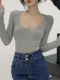 Pure Desire Hot Girl Style Low U-Neck Slim-Fit Long-Sleeve T-Shirt for Women, Autumn and Winter Stretchy Slightly Sexy Cropped Simple Base Shirt