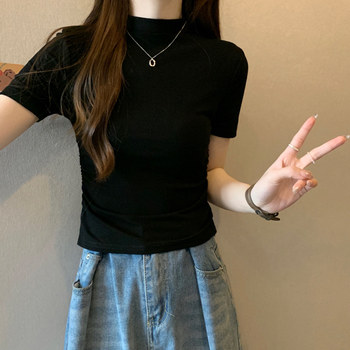 Half-High Collar Black Short-Sleeved Base Shirt for Women, New Summer Hong Kong Style Chic Slim-Fit Short Top Trendy