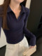 Pure and Elegant Polo Collar Slim-Fit Long-Sleeve T-Shirt for Women, 2025 Autumn, Solid Color Design, Simple and Versatile Short Top ins