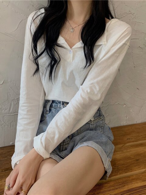 Korean Style Half-Open Collar Gray Long-Sleeve T-Shirt for Women, Early Spring New Style, Simple Casual Loose Fit, Regular Shoulder, Versatile Base Shirt ins