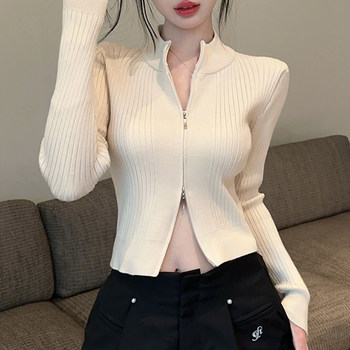 Sexy Hot Girl Slim-Fit Zipper Cardigan for Women, Early Autumn New Style, High-End Short Double-Zip Unique Jacket