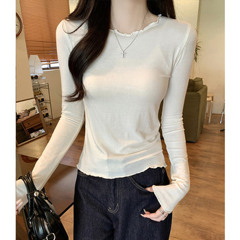 White Off-The-Shoulder Fashionable Versatile Chic and Beautiful T-Shirt for Women, 2025 Autumn, with Ruffled Design, Thin Top