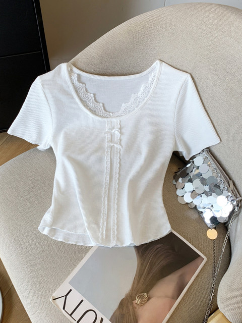 Summer 2025 New Design Lace Splicing Sweet Summer V-Neck T-Shirt for Women, Short Slim Fit Slimming Bm Top