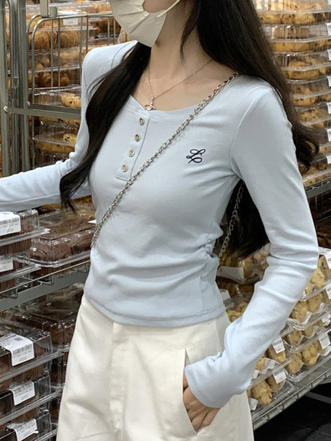 Korean-Style Blue Long-Sleeved T-Shirt for Women, Early Autumn, Pleated Design, Unique and Chic Short Top ins