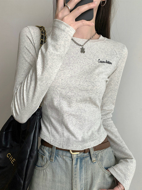 Unique Design Fishbone Round Neck Stylish Raglan T-Shirt for Women, Autumn Letter Embroidery Distinctive Pullover Short Top