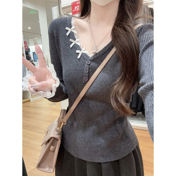 Korean Style Lace Trim V-Neck Bow Knit Sweater for Women, Autumn and Winter Slim Fit Inner Wear, Particularly Beautiful Waist-Cinching Top