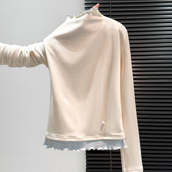 Half-High Collar Faux Two-Piece Ruffled Fleece-Lined Slim-Fit T-Shirt for Women, Autumn and Winter French Style, Unique and High-End, Stunning Top