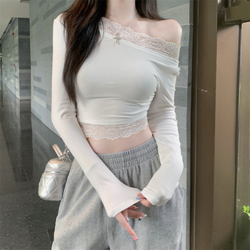 European and American Sexy Hot Girl Style Off-Shoulder T-Shirt for Women 2025 Early Autumn Spliced Lace Trim Short Bm Top