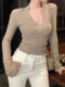 Fashionable V-Neck Slimming Brushed Base Shirt for Women 2024 Autumn and Winter Sexy Hot Girl Regular Shoulder Slim Fit Micro-Flared Sleeve Top