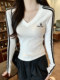 Korean Style Sporty V-Neck Striped Long-Sleeve T-Shirt for Women 2025 Early Autumn New Letter Embroidery Design Slim-Fit Top