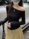 Trendy Korean Style T-Shirt with Unique Shoulder Design, Pleated Design, and Studded Details for Women, New Autumn Collection