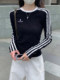 Sports Style Contrasting Color Raglan Striped Long-Sleeved T-Shirt for Women, New Autumn Korean Style Design, Black High-End Top