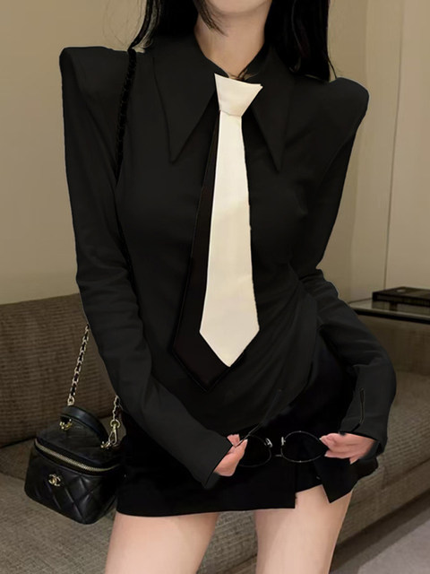 Fashionable and Stylish Design Color-Blocking Tie Shirt for Women, New Autumn Style, Cool and Spicy Korean Chic Unique Top