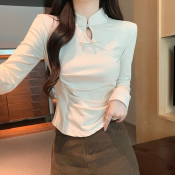 Early Autumn New Style Chinese-Inspired Button-Down Long-Sleeve T-Shirt for Women with Stand Collar, Hollow Design, Pleated Short Top, Trendy