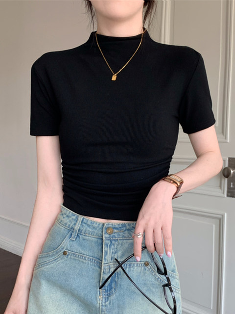 Half-High Collar, Tight-Fitting, Waist-Cinching, Pleated Short-Sleeve T-Shirt for Women, New Summer Korean Style, Pure and Elegant, Short, Regular Shoulder Top