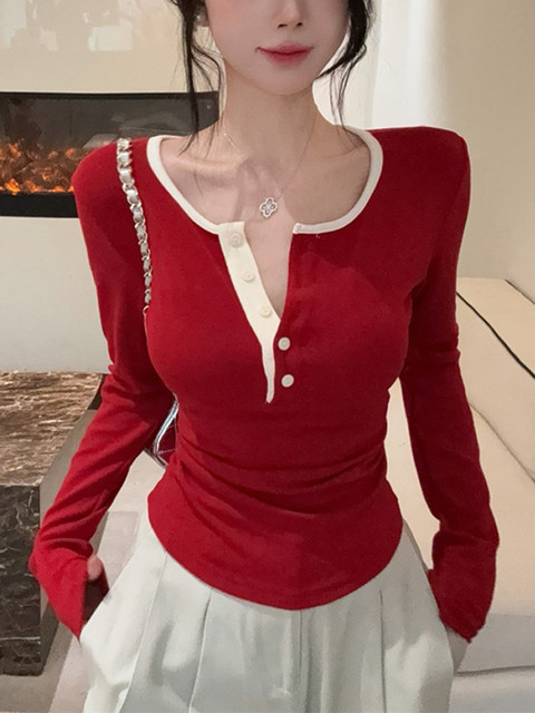 Korean Chic Style Slim-Fit T-Shirt for Women 2025 Autumn Sexy Hot Girl Half-Open Collar Button Color-Block Top