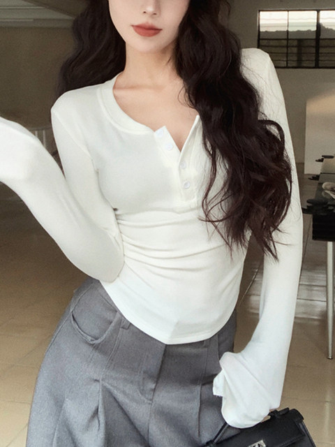 American Retro Pleated Design Short T-Shirt for Women 2026 Spring Sexy Pure Desire Button Half-Open Collar Fleece-Lined Top