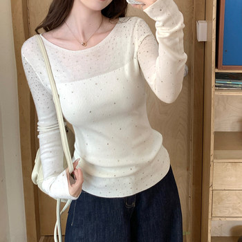 Women's Base Layer with a High-End Feel, Can Be Worn Outside, See-Through, Off-Shoulder, Sparkling Diamond Knit Top, Simple, Unique, Beautiful, Trendy Top
