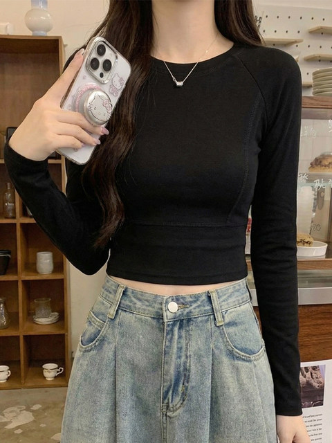 American Retro Hot Girl Style Slimming Long-Sleeve T-Shirt for Women, Spring Design, Niche, Cropped, Slim-Fit, Versatile Short Top