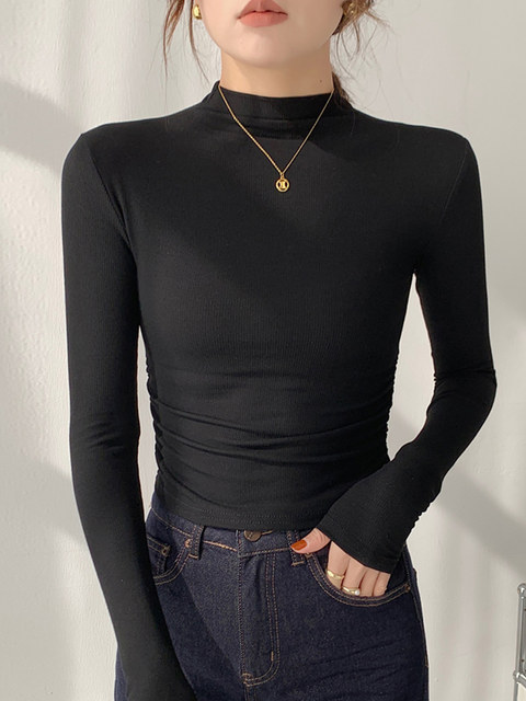 Casual White Half-High Collar Long-Sleeved Inner T-Shirt for Women, Early Autumn New Korean Style Pleated Slim Fit Short Top