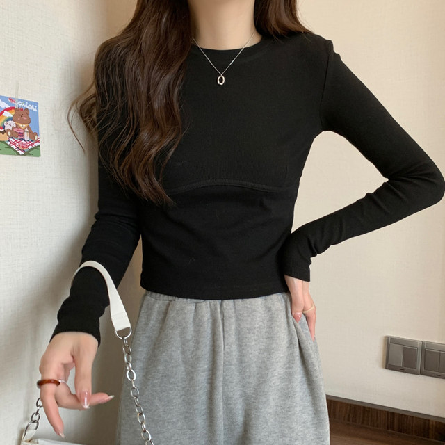 Chic Round-Neck Fishbone Long-Sleeve Base Shirt for Women, New Spring Korean Style, White Ribbed Slim-Fit Short Top