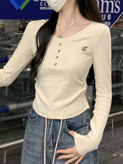 Korean-Style Blue Long-Sleeved T-Shirt for Women, Early Autumn, Pleated Design, Unique and Chic Short Top ins