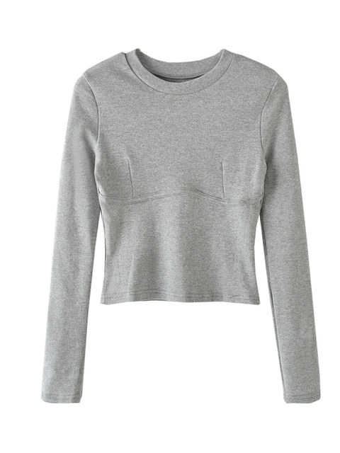 Korean Style White Round Neck Long-Sleeved T-Shirt for Women, Autumn and Winter New Design, Fishbone Slim Fit, Slimming Short Top