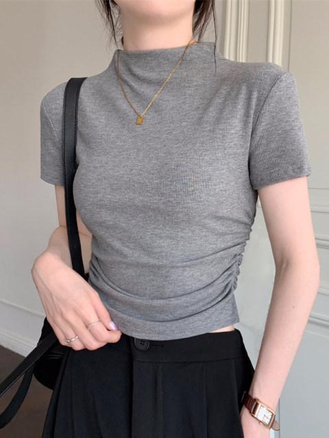 Half-High Collar, Tight-Fitting, Waist-Cinching, Pleated Short-Sleeve T-Shirt for Women, New Summer Korean Style, Pure and Elegant, Short, Regular Shoulder Top