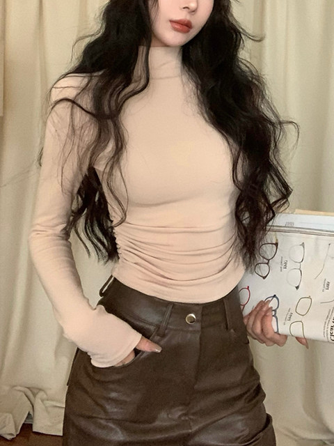 Purple Half-High Collar Thickened Brushed T-Shirt for Women 2024 Winter Hot Girl Sexy Pleated Versatile Top That Flatters the Figure