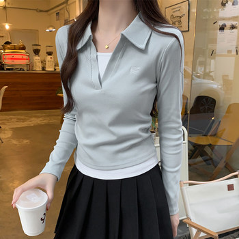 Blue Polo Collar Long-Sleeve Base T-Shirt for Women, 2025 Autumn, Versatile Style, Can Be Both Edgy and Sweet, Faux Two-Piece, Embroidered, Ruched, Complexion-Enhancing Top