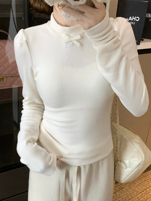 American-Style Gray Brushed Half-High Collar Long-Sleeve T-Shirt for Women, Spring and Autumn Inner Layer, Slim-Fit Base Shirt with Bow, Brushed Top