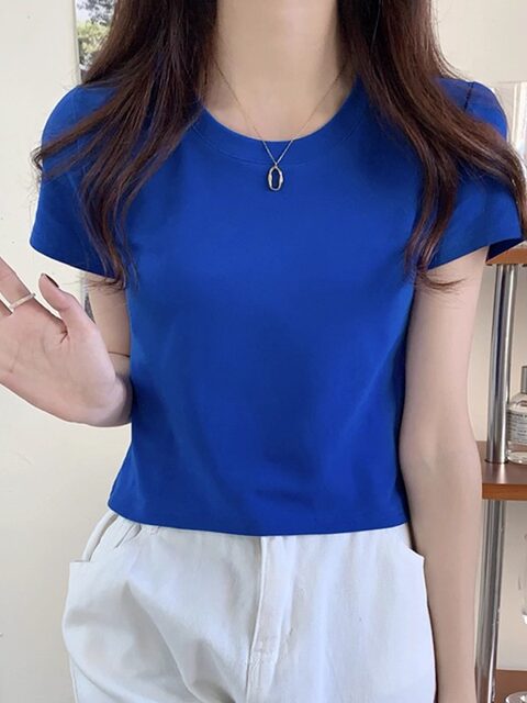 Basic Solid Color Round Neck Regular Shoulder Short-Sleeve T-Shirt for Women, New Summer Style, Petite, Slim Fit, Versatile Top