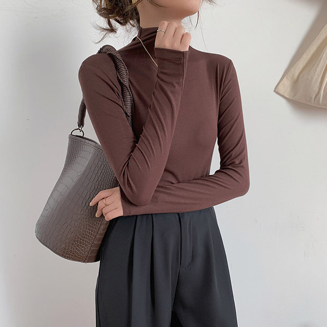 Half-High Collar Korean Style Long-Sleeve T-Shirt for Women, New Autumn and Winter Mid-Neck Solid Color Slim-Fit Basic Top, Base Layer Shirt for Women