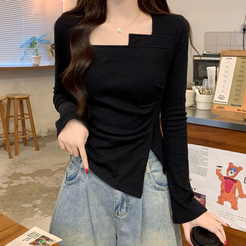 Pure Desire Style Square-Neck Pleated Chic and Beautiful T-Shirt for Women, Spring Cool and Spicy Girl Style with Irregular Slit Design Top Ins