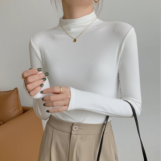 Layered Mid-Neck Base Shirt for Women, New Autumn and Winter Korean Style Slim Fit Half-High Collar White Long-Sleeve T-Shirt Top for Women