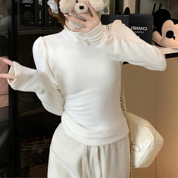 French-Style Gentle and Elegant Bow-Tie Unique Blouse for Women, New Spring High-Neck Design, Brushed Warm Top