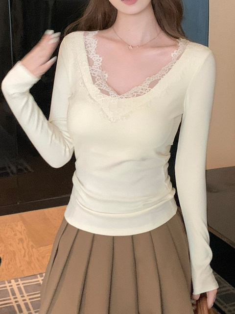 Sweet and Youthful Lace Patchwork Long-Sleeve T-Shirt for Women, New Spring Style, Slimming, High-End, Unique, Super Stylish Top, Ins