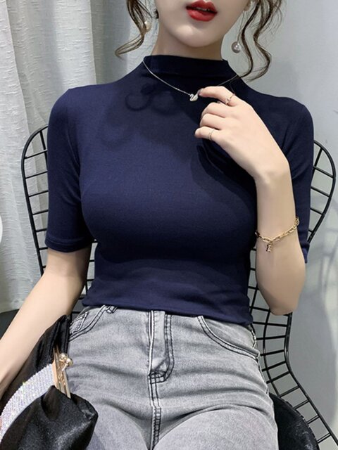 Half-High Collar, Regular Shoulder, Short-Sleeve T-Shirt for Women, European Style, 2023 Spring and Autumn New Korean Version, Slim-Fit Half-Sleeve Base Shirt Top