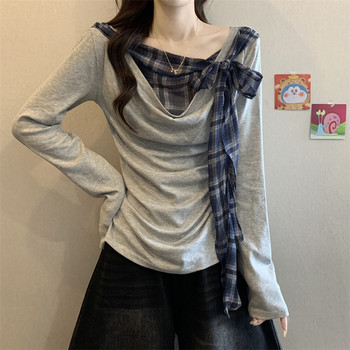 Unique Design with a Distinctive Collar, Beautiful and Stylish T-Shirt for Women, Early Autumn, Faux Two-Piece Plaid Patchwork with Tie, Versatile Top ins