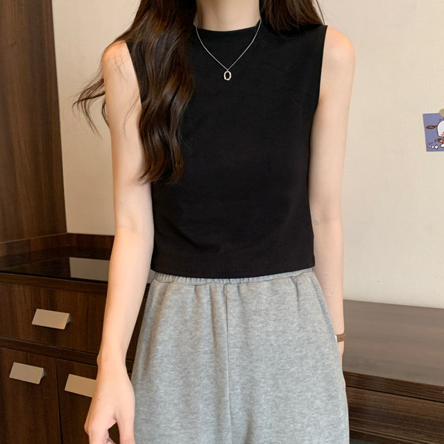 Sweet and Cool Spicy Girl Round Neck Black Vest Women's Short Summer New Korean Style Slim High-Waisted Sleeveless T-Shirt Women ins