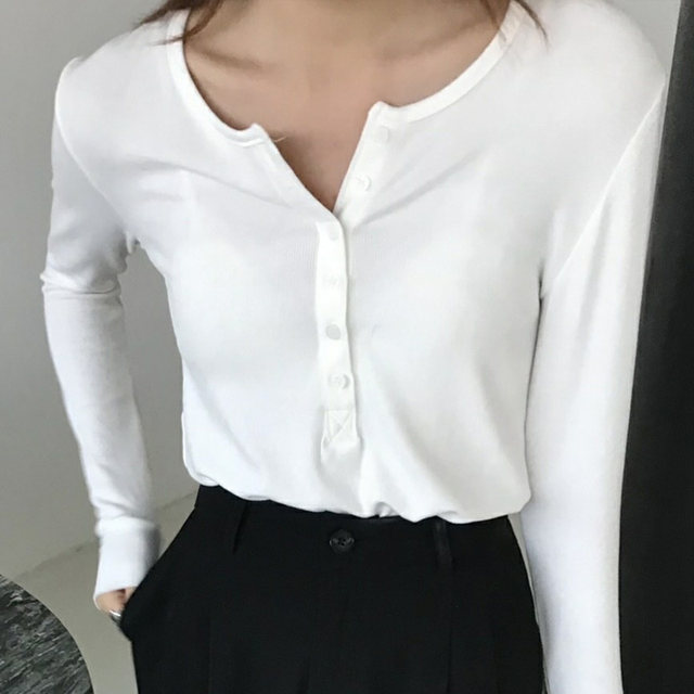 Chic Half-Open Collar Buttoned Long-Sleeve Ribbed T-Shirt for Women ins Trendy Internet Celebrity Versatile Autumn and Winter New Slim-Fit Base Shirt